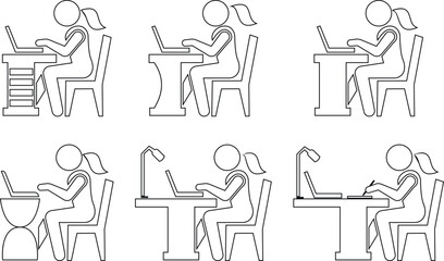 The modern working Woman at her desk, icon set fully engaged with her laptop. Rendered in a clean silhouette style, figure’s posture communicates concentration, discipline, and deep sense of purpose.