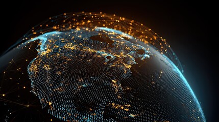 Dynamic digital globe with glowing interconnected nodes symbolizing global connectivity and vast data networks illuminating a modern technological landscape