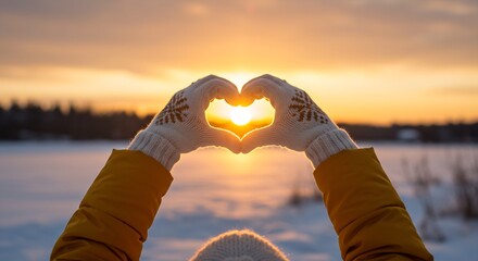 A person forms a heart with gloved hands against a sunset