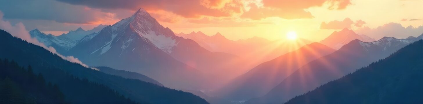 A serene, misty mountain landscape at dawn Perfect for travel, nature, or adventure themed projects The sun's rays peek through the clouds, illuminating the peaks , sky, misty mountains, beautiful