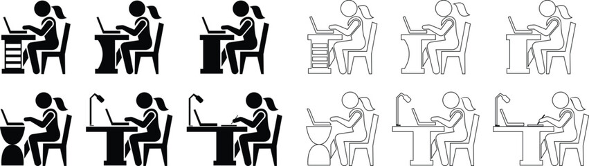 The modern working Woman at her desk, icon set fully engaged with her laptop. Rendered in a clean silhouette style, figure’s posture communicates concentration, discipline, and deep sense of purpose.