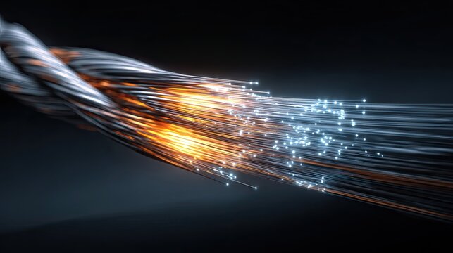 Experience the future of connectivity with a mesmerizing display of glowing fiber optic cables transmitting data at light speed, showcasing innovation and digital transformation.