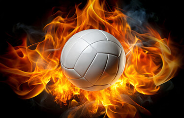 Fototapeta premium A white volleyball surrounded by vivid flames against fire