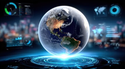 Digital Earth globe with glowing technology interface and data visualization, symbolizing global business, finance, connectivity, and innovative corporate network solutions