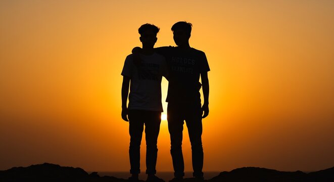 Two male silhouettes stand embraced against a bright orange sunset They stand on a dark rocky surface - Powered by Adobe