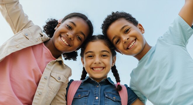Three smiling children looking upwards from below Two are girls and one is a boy The background is sky blue
