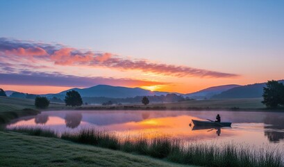 Serene sunrise paints sky with vibrant colors as lone figure rows boat across misty lake