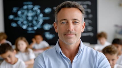 Fototapeta premium Engaging male teacher interacts with students in a tech classroom educational environment collaborative learning experience
