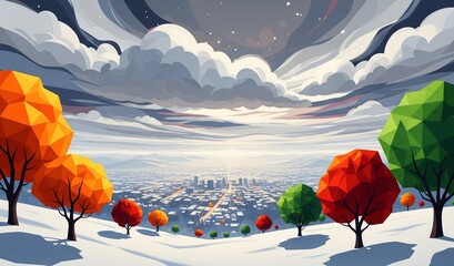 Vibrant polygonal trees in autumn colors grace a snowy hill overlooking a sprawling city at dawn