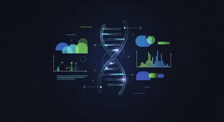 Abstract DNA helix and various data charts representing genomics, gene expression analysis, and mutation search. Concept of genetic research.