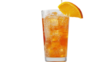 Ice-cold beverage with sparkling bubbles and a slice of orange, perfect for warm days spent outdoors
