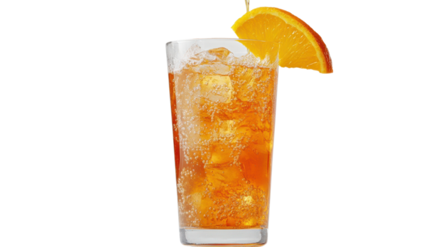 Ice-cold beverage with sparkling bubbles and a slice of orange, perfect for warm days spent outdoors