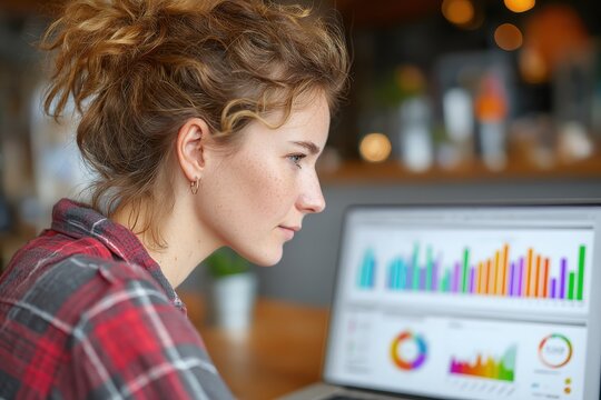 Over the Shoulder View of Woman Analyzing Business Data on Laptop in Cozy Workspace Environment