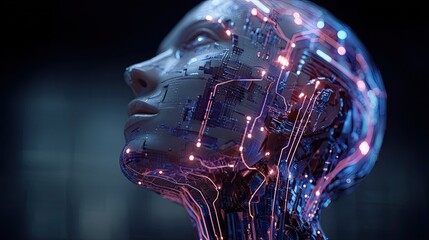 Futuristic AI head showcases intricate circuitry and glowing connections, symbolizing advanced artificial intelligence and digital transformation.