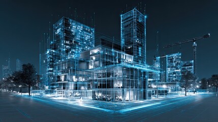 Experience the future of urban development with stunning architectural blueprints showcasing innovative city planning and cutting-edge technology in a dynamic night scene.