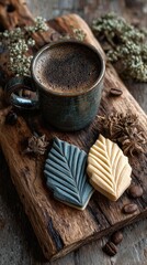 Dark coffee, leaf-shaped cookies on rustic board