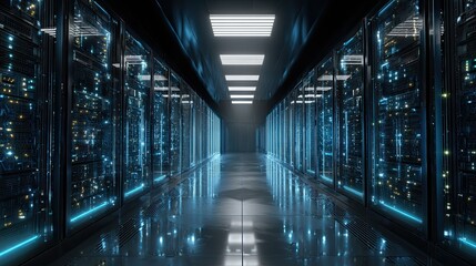 Immersive server room hallway glowing with futuristic blue and yellow lights, symbolizing advanced data processing and high-tech infrastructure.