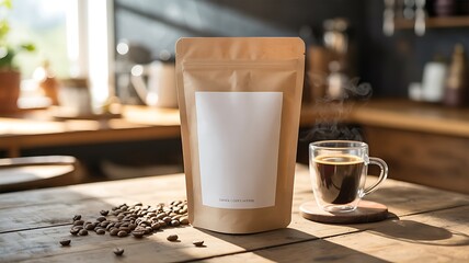 Kraft paper coffee bag mockup with blank label next to steaming coffee in glass mug on wooden table
