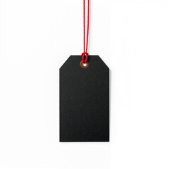 Blank Black Sale Tag With Red String Hanging on White Background Ready for Price or Label Customization During Retail Promotions or Special Sales Events