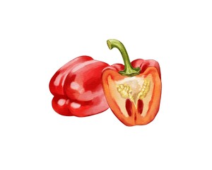 Fresh red bell pepper cut in half revealing seeds and vibrant color on a plain background