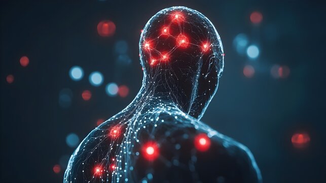 Human body with glowing red pain points on neural pathways illustrating pain or nerve stimulation,	