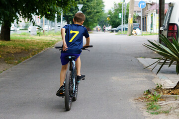 Naklejka premium Boy riding a bicycle on a quiet street during a sunny day in a suburban neighborhood