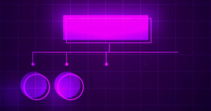 Infographic glowing hologram with empty space for text 4K bg. Business hierarchy squares chart. Workflow flowchart algorithm display. Employee management scheme for organizations. Role assignment.

