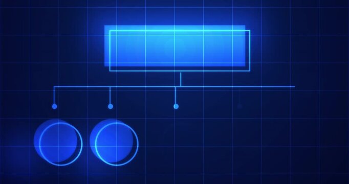 Infographic glowing hologram with empty space for text 4K bg. Business hierarchy squares chart. Workflow flowchart algorithm display. Employee management scheme for organizations. Role assignment.

