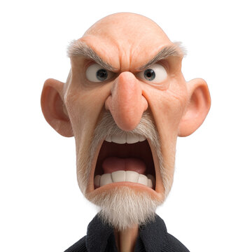 Angry old man shouting with mouth wide open, showing teeth, isolated on transparent background