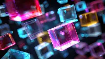 Vibrant translucent cubes in a dynamic, glowing digital space, evoking innovation, data, and modern technology with a sense of depth and movement.