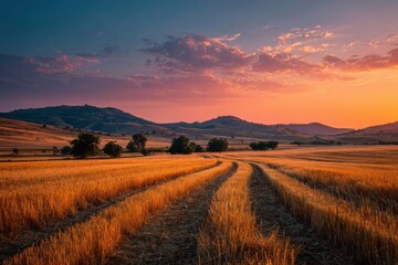 Obraz premium Golden wheat field with sunset, hills and trees in the background