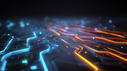 Experience the dynamic pulse of digital innovation with vibrant neon light streams flowing through intricate circuit board pathways, symbolizing future technology and data flow.