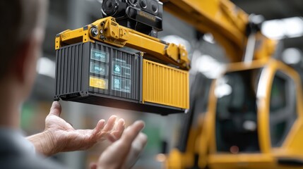 Port crane unloading containers with ar interface at shipping yard industrial environment innovative technology perspective for enhanced efficiency