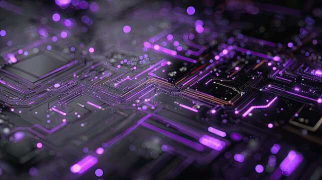 Experience the vibrant pulse of futuristic technology with glowing purple circuits on a dark electronic board, evoking innovation and digital progress. - Powered by Adobe
