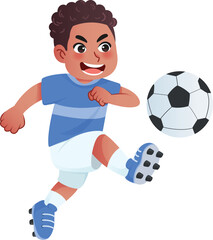 Obraz premium Vector Illustration of A Boy Happy Playing Soccer Kicking Ball in Blue Sports Uniform