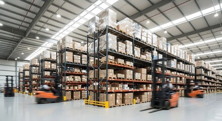 Obraz premium Modern Industrial Warehouse Interior With Forklifts Transporting Goods