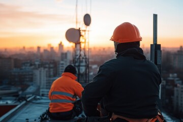 Television antenna installers working on rooftops in an urban skyline at sunset