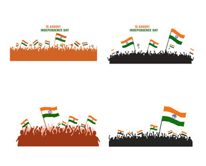 Naklejka premium Patriotic Rally Crowd Silhouette with Indian Flags on White Background – Independence and Republic Day Celebration