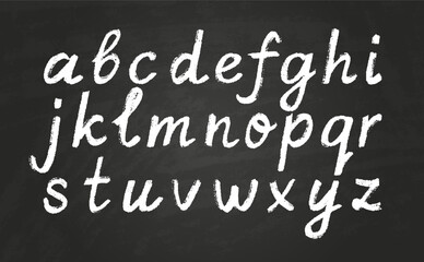 Obraz premium Lowercase letters of English alphabet white chalk texture font, chalk board calligraphy lettering pencil crayon typeface