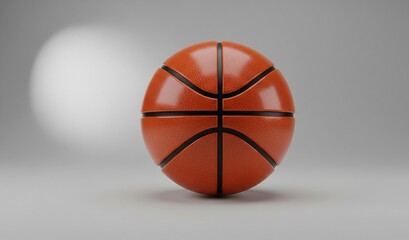 Vibrant orange basketball with classic black seams on a clean, modern grey background with spotlight