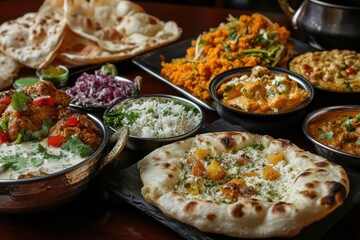 A lavish spread of indian cuisine on a dark table