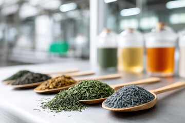 Exploring tea production with close-up views of various blends in a bright manufacturing environment