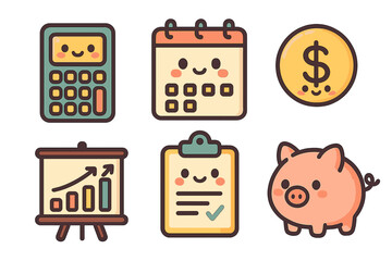 Cute financial icons including calculator, calendar, piggy bank, and chart fiscal planning icons