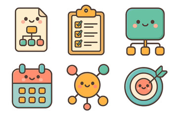 Cute infographic elements with smiling characters and icons planning structure icons