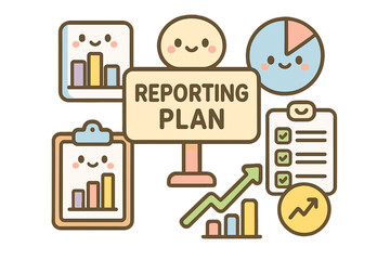 Reporting plan with charts, graphs, and checklists in colorful style reporting plan diagram