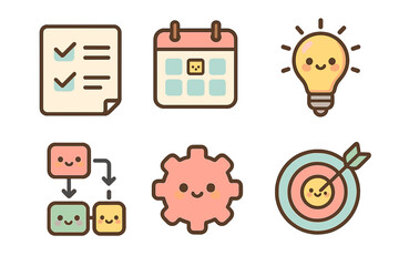 Cute icons representing organization, planning, and creativity workflow planning icons