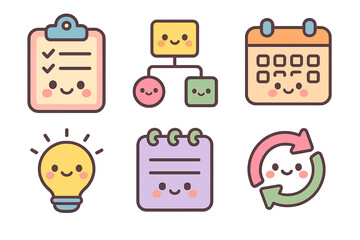 Cute icons of planner tools and strategies in pastel colors  workflow planning icons