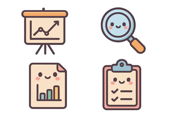 Cute office icons including charts, clipboard, and magnifying glass project analysis icons