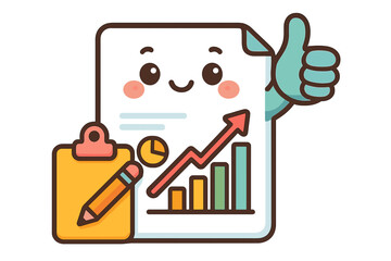 Cute cartoon character showing thumbs up with growth chart reporting success diagram