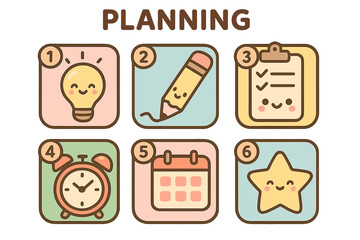 Fun planning icons featuring light bulb, pencil, checklist, clock, calendar planning steps layout